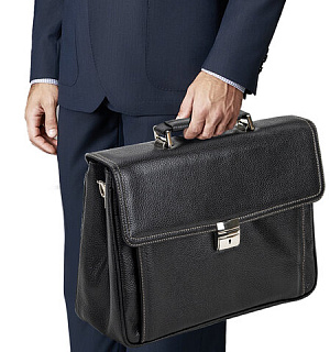 Портфель из натуральной кожи, 38х27х12 см, 2 отделения, замок с ключом, черный, 2-237