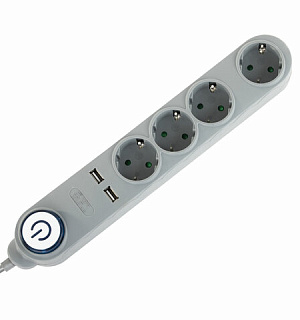 Сетевой фильтр SONNEN DX04, 4 розетки, 2 USB-порта, с заземлением, 10 А, 1,5 м, серый, 513493