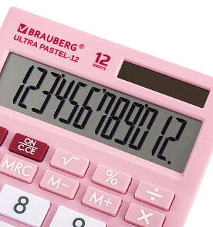 Калькулятор настольный BRAUBERG ULTRA PASTEL-12-PK (192x143 мм), 12 разрядов, двойное питание, РОЗОВЫЙ, 250503