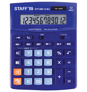 Калькулятор настольный STAFF STF-888-12-BU (200х150 мм) 12 разрядов, двойное питание, СИНИЙ, 250455