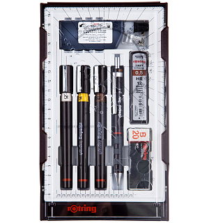 Набор изографов Rotring 0,25/0,35/0,5мм, мех. карандаш 0,5мм, грифели, ластик, насадка для циркуля