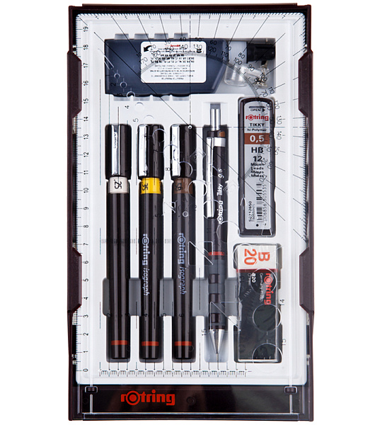 Набор изографов Rotring 0,25/0,35/0,5мм, мех. карандаш 0,5мм, грифели, ластик, насадка для циркуля