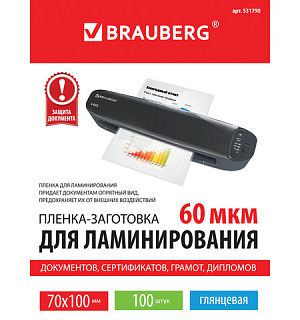Пленки-заготовки для ламинирования МАЛОГО ФОРМАТА (70х100 мм), КОМПЛЕКТ 100 шт., 60 мкм, BRAUBERG, 531790