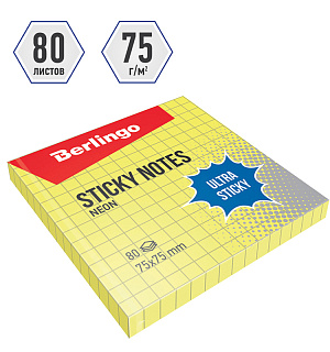 Самоклеящийся блок Berlingo "Ultra Sticky", 75*75мм, 80л, в клетку, желтый неон