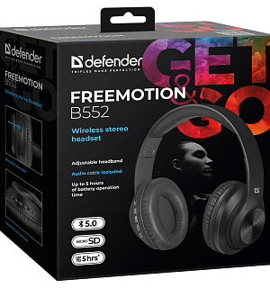 Наушники с микрофоном беспроводные Defender FreeMotion B552, Bluetooth, складные, MicroSD, разъем Micro-USB, черный