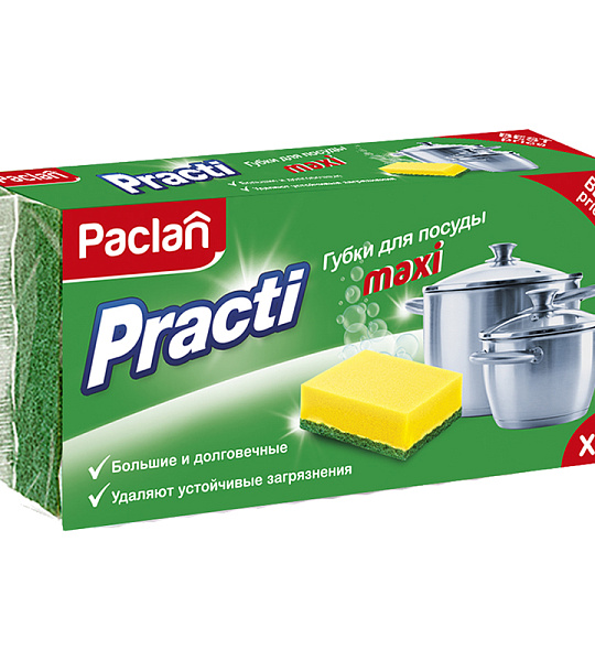 Губки для посуды Paclan "Practi Maxi", поролон с абразивным слоем, 3шт.