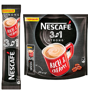 Кофе растворимый NESCAFE "3 в 1 Крепкий", КОМПЛЕКТ 20 пакетиков по 14,5 г (упаковка 290 г), 12460873