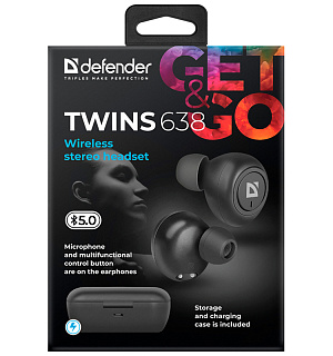 Наушники с микрофоном беспроводные Defender Twins 638, Bluetooth 5.0, разъем Micro-USB, черный