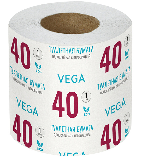 Бумага туалетная Vega, 1-слойная, 40м/рул., на втулке, с перф., серая