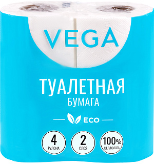 Бумага туалетная Vega 2-слойная, 4шт., эко, 15м, тиснение, белая, 100% целлюлоза