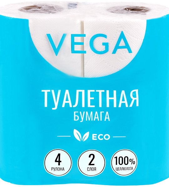 Бумага туалетная Vega 2-слойная, 4шт., эко, 15м, тиснение, белая, 100% целлюлоза
