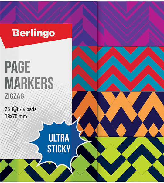 Флажки-закладки Berlingo "Ultra Sticky" "Zigzag", 18*70мм, бумажные, в книжке, с дизайном, 25л*4 бл.