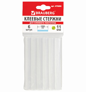 Клеевые стержни, диаметр 11 мм, длина 100 мм, прозрачные, комплект 6 шт., BRAUBERG, европодвес, 670293