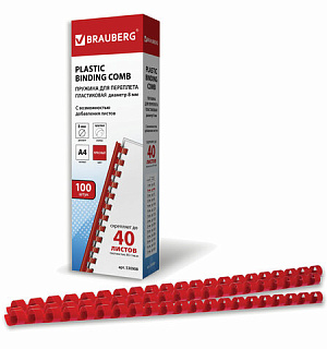 Пружины пластиковые для переплета, КОМПЛЕКТ 100 шт., 8 мм (для сшивания 21-40 л.), красные, BRAUBERG, 530908