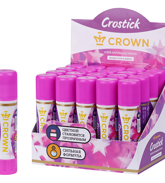 Клей-карандаш Crown "Indicator", 15г, с цветным индикатором, ПВП