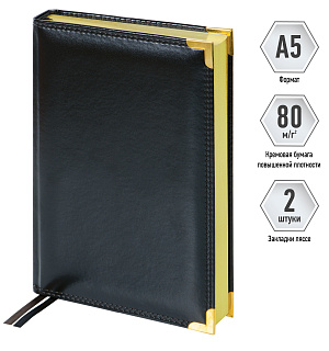 Ежедневник недатированный, A5, 160л., кожа, Delucci, гладкая кожа, золот. срез, черный