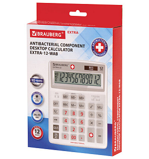 Калькулятор настольный BRAUBERG EXTRA-12-WAB (206x155 мм),12 разрядов, двойное питание, антибактериальное покрытие, БЕЛЫЙ, 250490