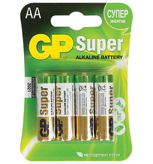 Батарейки КОМПЛЕКТ 4 шт., GP Super, AA (LR06, 15А), алкалиновые, пальчиковые, блистер