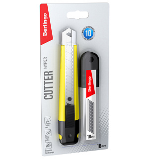 Нож канцелярский 18 мм Berlingo "Hyper" + лезвия сменные 10шт, желтый, европодвес