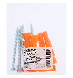 Дюбель ТУНДРА krep универсальный с борт. 8x52 мм, с саморезом 5x70 мм, 5 шт.