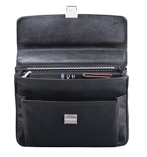 Портфель из натуральной кожи, 38х27х12 см, 2 отделения, замок с ключом, черный, 2-237